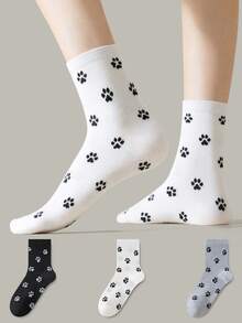 ZUJO 3 Pairs Women's Mid-Calf Socks, Cat & Dog Paw Print Cartoon Pattern, Simple & Comfortable, Suitable For Spring, Autumn And Winter - Multicolor - View 3