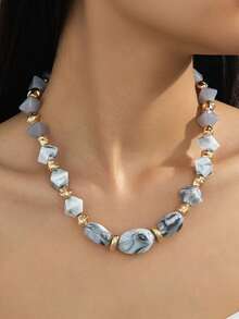 Grey Marbled Acrylic Beaded Necklace - Ink Grey - View 7