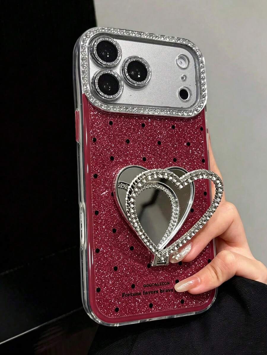 1件韓式波點愛心化妝鏡手機殼，附支架防震保護，適用於 iPhone 17Pro Max 17Pro 17 16Pro Max 16Pro 16 15 14 13 12 Pro Max 11 智慧型手機。適合女孩/女性。理想的生日/母親節禮物。亦適用於 iPhone 18Pro Max 18Pro 18 智慧型手機保護殼