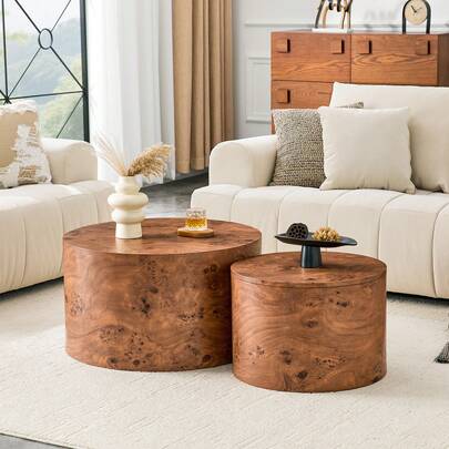 2er Set runde Nesting Couchtische mit Stauraum, braune Holzoptik MDF Beistelltische Ø62,8 cm & Ø44 cm, Satztisch‑Set mit abnehmbarem Deckel und Hohlraum, platzsparende Kombitische, modern Wohnzimmermöbel für Wohnzimmer und Gästezimmer