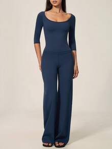 TimeOff Women's One Set Solid Color Oversized Scoop Neck Mid-Sleeve T-Shirt Wide Leg Pants Sports Set - Blue - View 6
