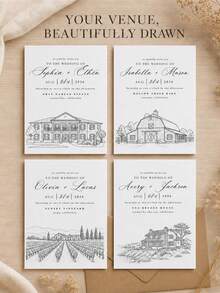 1pc Customized Venue Line Art Wedding Invitations, Personalized Wedding House Sketch Greeting Cards, Customized Text Wedding Venue Illustration Greeting Cards. - Multicolor - View 3