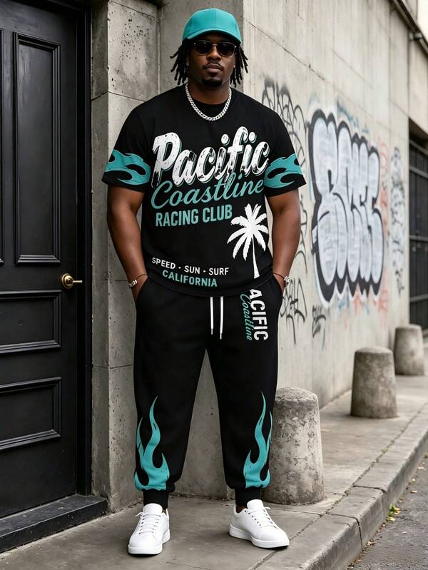 Plus Size Men's 2 Pieces Set, Tall Men, American West Coast Flame Print, Contrast Pattern T-Shirt + Men's Jogger Pants Set, Streetwear Sports Outfit, Autumn Men's Clothing - Polyester Fabric, Drawstring, Pockets, Suitable For Plus Size