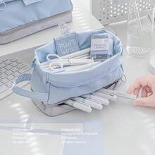 Korean Style Large Capacity Pencil Case, Double Layer Storage, Patchwork Design, Portable Stationery Box - Multicolor - View 2