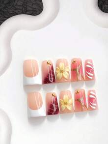 10片裝極簡風手工穿戴甲，手繪花卉圖案，黃色與白色指甲油，獨特風格，附指甲工具，3種尺寸可選，杏仁甲、鴨嘴甲、棺材甲，適合派對、舞蹈、日常配戴 - 彩色 - 查看 18
