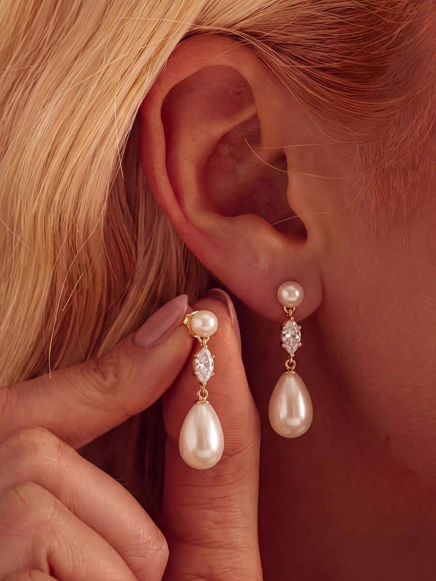 14K Gold Plated Cubic Zirconia Pearl Earrings, Hypoallergenic Gold Plated Earrings, Elegant Bridal Pearl Jewelry, Suitable For Evening Wear And Daily Wear - Gold - View 1