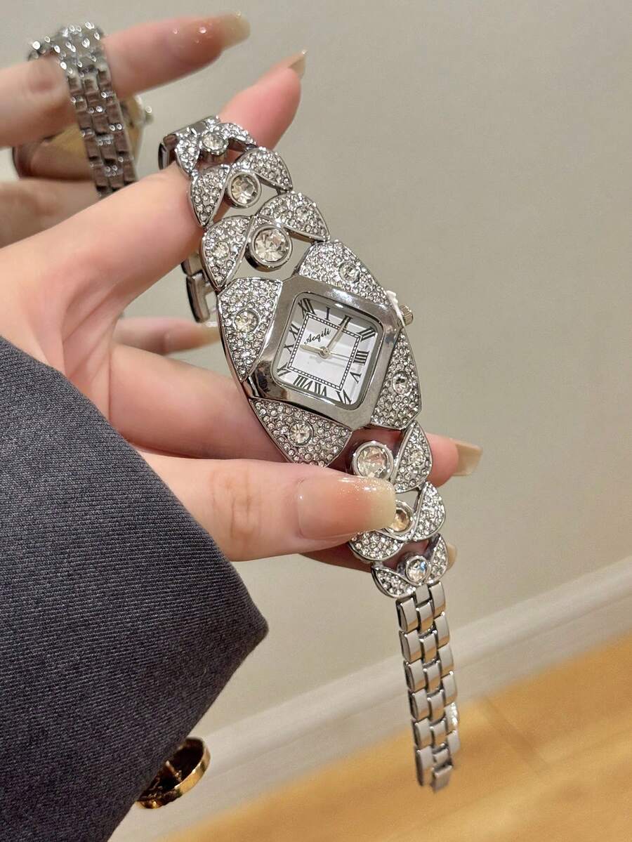 1件 金色/銀色女款手錶,極簡新風格,鑲鑽裝飾優雅時尚,休閒百搭,石英手錶,適合日常佩戴 - 銀色 - 查看 1