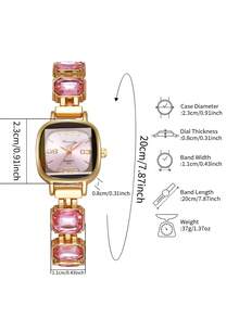 Women's Square Rhinestone Digital Dial Exquisite Fashion Quartz Bracelet Watch + Square Rhinestone Bracelet (2pcs/Set) Watch Box Not Included - Pink - View 5