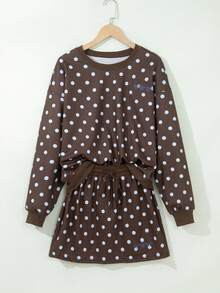 Acelitt Women's Casual Polka Dot 2 Pieces Set, Drawstring Design, Ribbed Knit, Round Neck, Suitable For Spring And Autumn - Brown - View 3