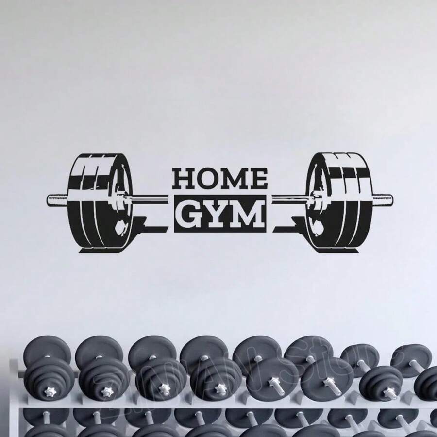 ملصق حائط فينيل قابل للإزالة بتصميم باربل HOME GYM باللون الأسود، قطعة واحدة، ديكور فني للمنزل والجراج لعشاق اللياقة البدنية - ملصق جداري بتصميم بار حديد للتمارين الرياضية - مشاهدة 1