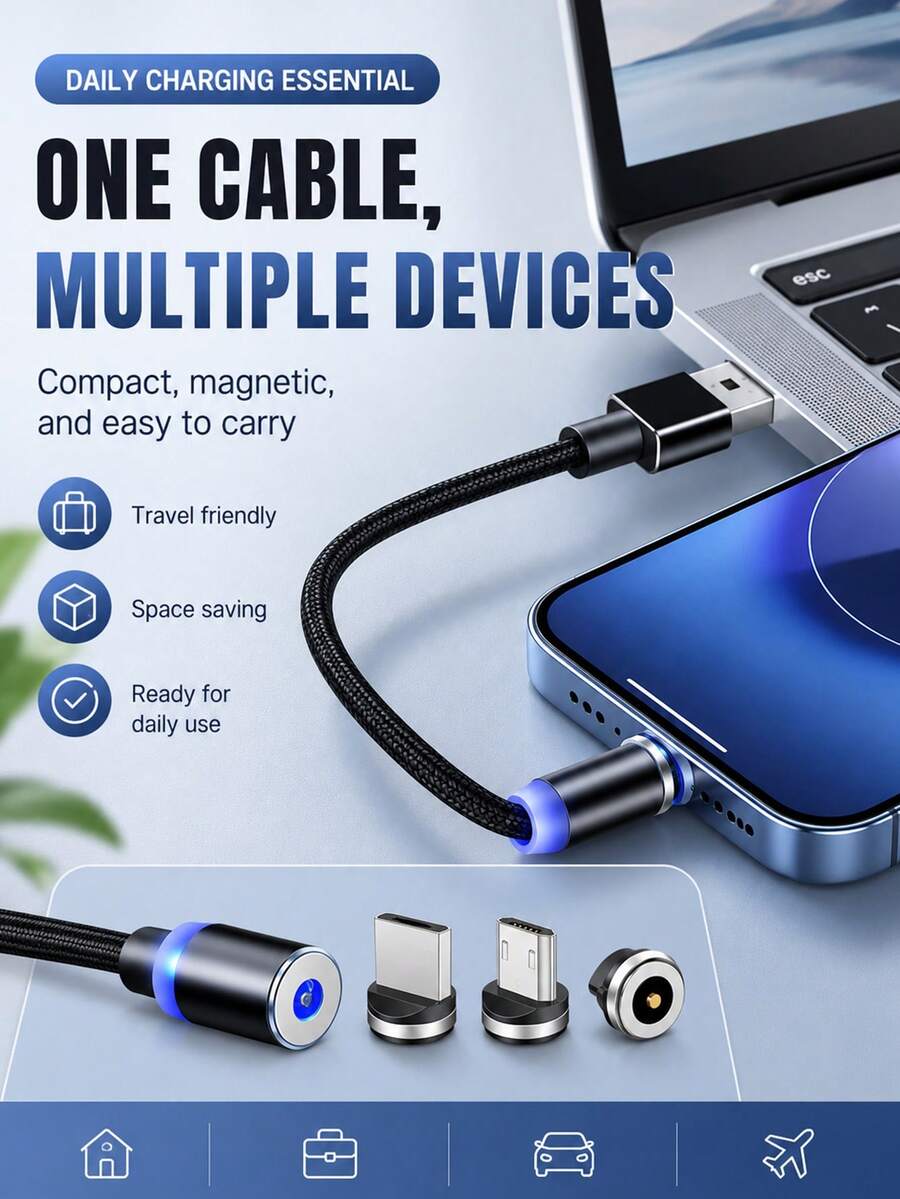 Kabel Pengisian Magnetik 3-in-1, Kabel Pengisi Daya Cepat Jalinan Nilon Berputar dengan Konektor Tipe C, Micro USB, dan Lightning, Kabel Pengisian Daya Ponsel Magnetik Kuat untuk Smartphone dan Tablet - Hitam - View 1