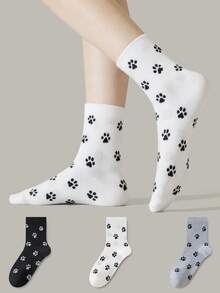 ZUJO 3 Pairs Women's Mid-Calf Socks, Cat & Dog Paw Print Cartoon Pattern, Simple & Comfortable, Suitable For Spring, Autumn And Winter - Multicolor - View 4