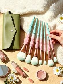 Soft Aesthetic Style Synthetic Bristle Plastic Handle Diamond Cut Faceted Design Pink Green Gradient Rose Gold Metal Band 7pcs Makeup Brush Set With PU Storage Bag Suitable For Foundation Blush Eyeshadow Blending Birthday Gift Travel Vanity All Season Use - Multicolor - View 2