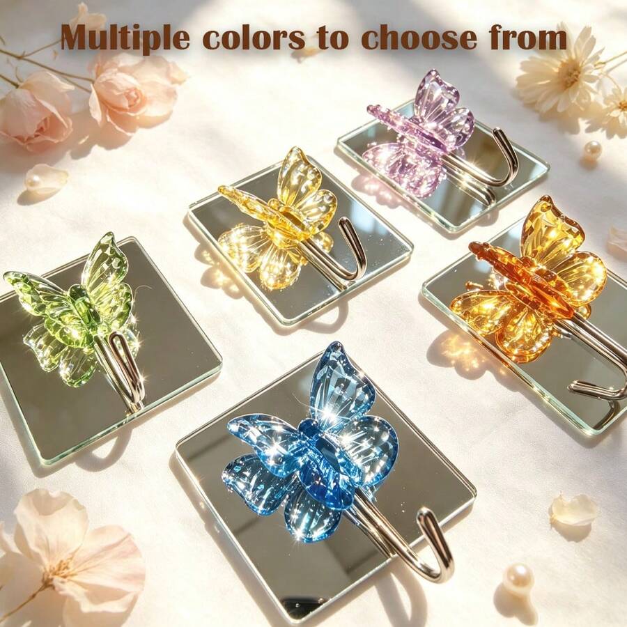 3pcs Crystal Glass Butterfly Decorative Wall Hooks Adhesive No-Drill Fashion Bathroom Kitchen Storage Organization Hooks Multi-Functional Home Decor Wall Mount Hanging Hooks Gift Set - Multicolor - View 1