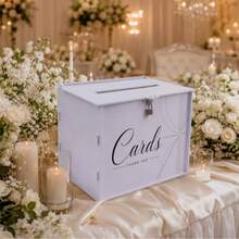 White Lockable Acrylic Wedding Card Box, Top Slot Design, Elegant Radial Fine Gold Lines With Diamond Accents And Cursive Print, Modern Minimalist Table Card Holder, Wedding Reception Bride Gift Party Engagement Party Card & Cash Envelope Storage Decorative Box - 1PC - View 1