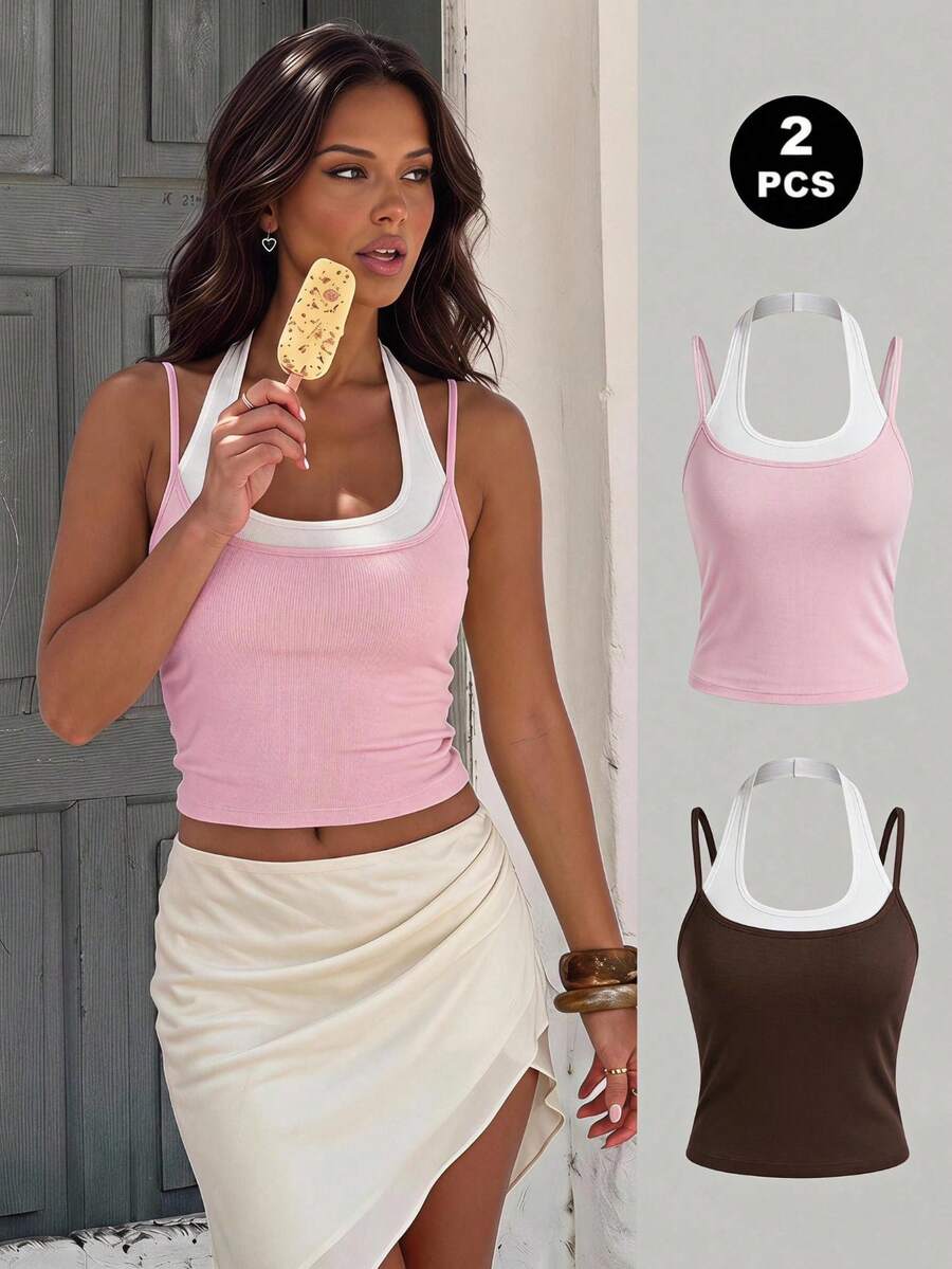 Women's Two-Pack Layered Look Tank Top, Slim Fit Sleeveless Bodycon Casual Basic Top - Pink - View 1