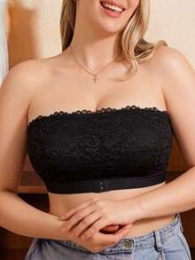 Plus Size Sexy Strapless Bandeau Bra, Comfortable Invisible No-Wire No-Padding Bra, Lace Backless Bra With Side-Boob Coverage, Anti-Sagging Lace Patchwork Bra, Minimalist Sexy Style Enhancing Bra - Black - View 4