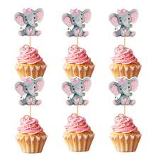 12pcs Printed Cute Paper Gender Reveal Blue & Pink Elephant Cupcake Toppers, Baby Birthday Party Theme Decoration Picks - Blue - View 10
