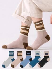 ZUJO 5 Pairs Men's Mid-Calf Sports Socks, Striped Pattern, Suitable For Daily Wear, Simple And Comfortable, All-Season, Random Color - Multicolor - View 3