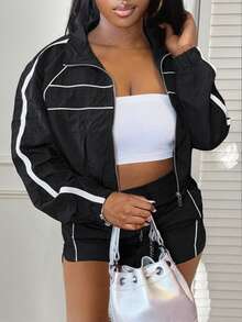 LovelyWholesale Women's Casual Lapel Side Stripe Long Sleeve Zipper Top With Drawstring Shorts 2-Piece Set, Spring Daily Outfit - Black - View 2