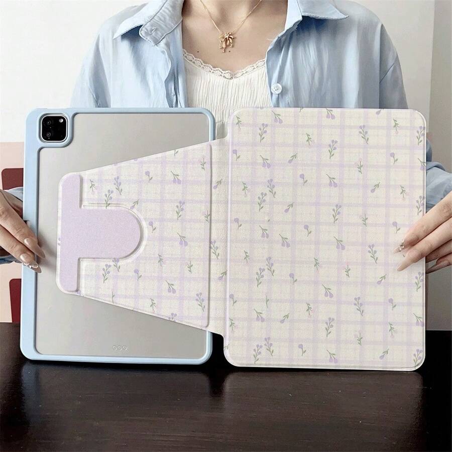 1件紫色花卉格紋360°可旋轉平板保護殼，多角度視角書本式支架，相容 iPad A16 2025、Galaxy Tab S9 FE/S8 Plus/S7/S10、Pad、MatePad、Pad、Honor Pad、Pad