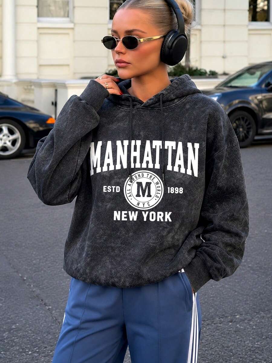 女款秋冬新款極簡 INS 風格曼哈頓紐約印花休閒時尚百搭連帽抓絨紮染衛衣黑色 - 黑色 - 查看 1