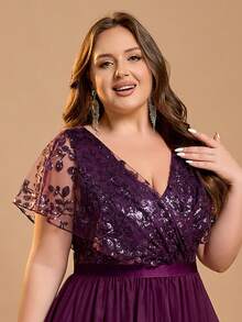 Women Plus Size Elegant 45+ Solid Color Mesh Applique Formal Evening Party Dress For Wedding Guest Mother Of Bridal Formal Event Spring Autumn Winter - Purple - View 9