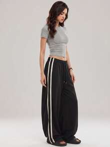 KyrLssu Side Stripe Star Embroidered Wide Leg Sweatpants, Elastic Drawstring High Waist Athletic Long Pants - Black - View 4