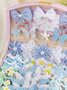132pcs Blue And White Fresh Style Girls Hair Accessories Set, Including Bow/Flower/Butterfly/Starfish Hair Clips, Star Snap Clips, Mini Claw Clips, Solid Color Towel Scrunchies, Suitable For Daily, Party, Travel Use - Multicolor - View 5