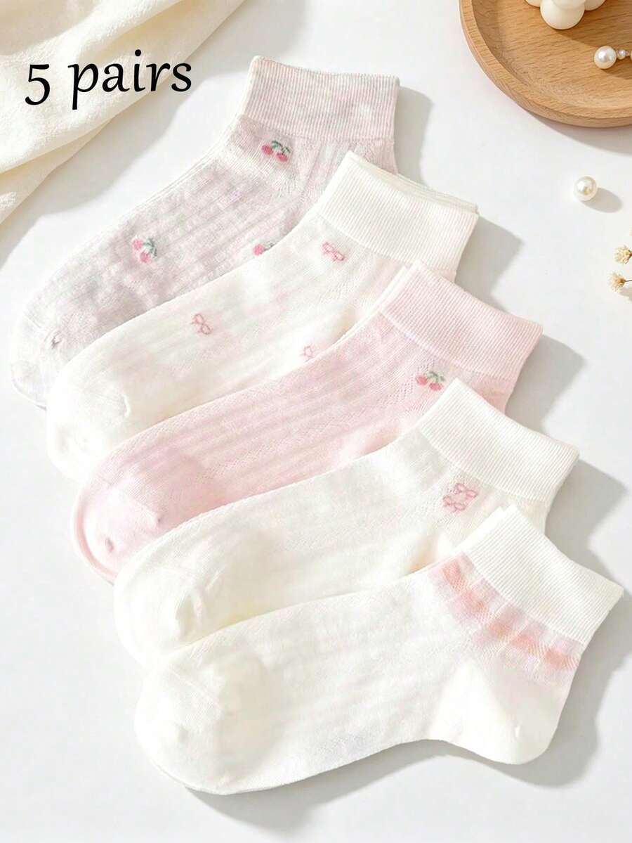 5雙夏季薄款女童短襪,透氣舒適網眼卡通櫻桃公主襪,適合上學穿著 - 彩色 - 查看 1