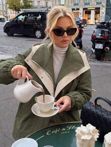 Stylish Women's Colorblock Hooded Casual Utility Jacket Coat, Autumn/Winter - Green - View 2