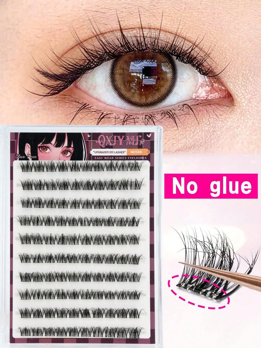 100 Clusters Glue-Free Slouchy Fish Tail Cartoon False Eyelashes, Self-Adhesive Quick Wear, No Glue Needed Eyelash Clusters, Suitable For Various Makeup Looks, Segmented False Eyelashes - C - View 1