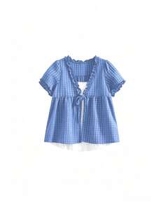 日系 2 合 1 短袖蕾絲格紋襯衫 夏季修身學院風上衣 - 藍色 - 查看 2