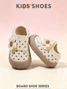 1 Pair Spring/Autumn New Baby Girl Polka Dot & Floral Walking Shoes, Soft Sole Hook & Loop Toe Anti-Kick Loafers - Beige - View 1
