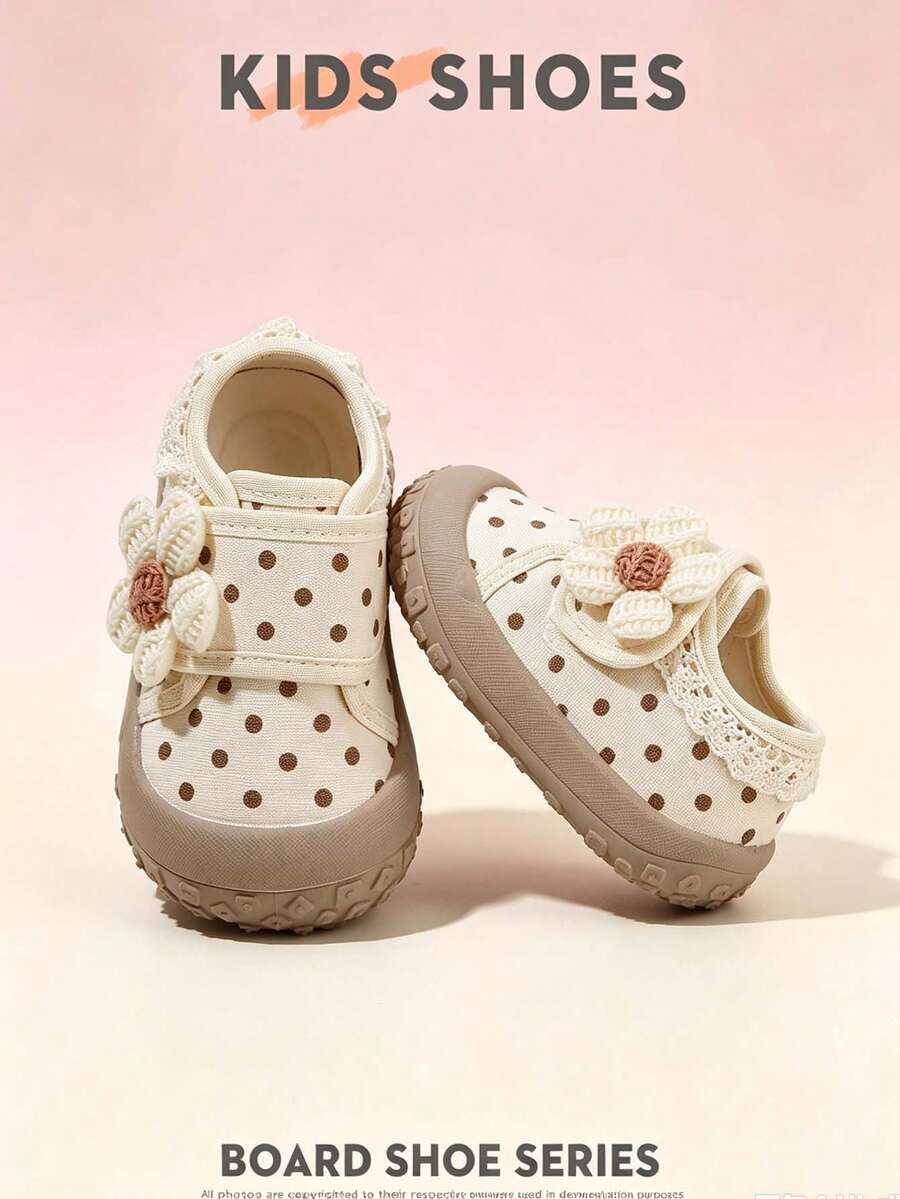 1 Pair Spring/Autumn New Baby Girl Polka Dot & Floral Walking Shoes, Soft Sole Hook & Loop Toe Anti-Kick Loafers - Beige - View 1