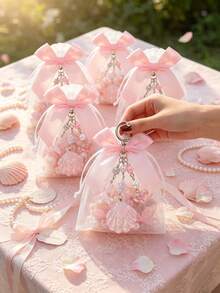 6/4/1 Set - Pink Sequin Shell Style Keychain With Pink Butterfly Organza Bag Gift Set - DIY Fillable Gift Bag, Gift Packaging Bag, Thank You Gift, Suitable For Gender Reveal Party Gift, Baby Shower Party Gift, Baby Party Theme, Children's Birthday Gift, Ocean Theme Party Gift, Guest Return Gift, Ideal Choice For Party Supplies And Decorations - Multicolor - View 11