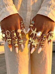 30/20/10/7pcs Multi-Piece Stackable Fashion Minimalist Elegant Exquisite Vintage Design Geometric Ribbon Heart Faux Gemstone Shiny Artificial Starfish, Shell Element Faux Pearl Wave Water Drop Bow Shape Chain Cross Texture Glossy Surface Minimalist Plain Metal Style Exaggerated Wide Chunky Ring Set, Holiday Vacation Party Date Gift, Daily Commute Wear, Personalized - Yellow Gold - View 3