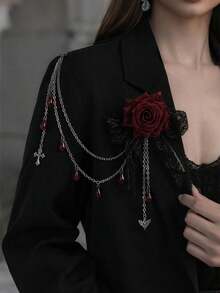 1Pc Metal Gothic Rose Bow Brooch, Black Lace Red Rose Tassel Pin, Halloween Punk Floral Badge, Party Costume Accessory - Multicolor - View 3