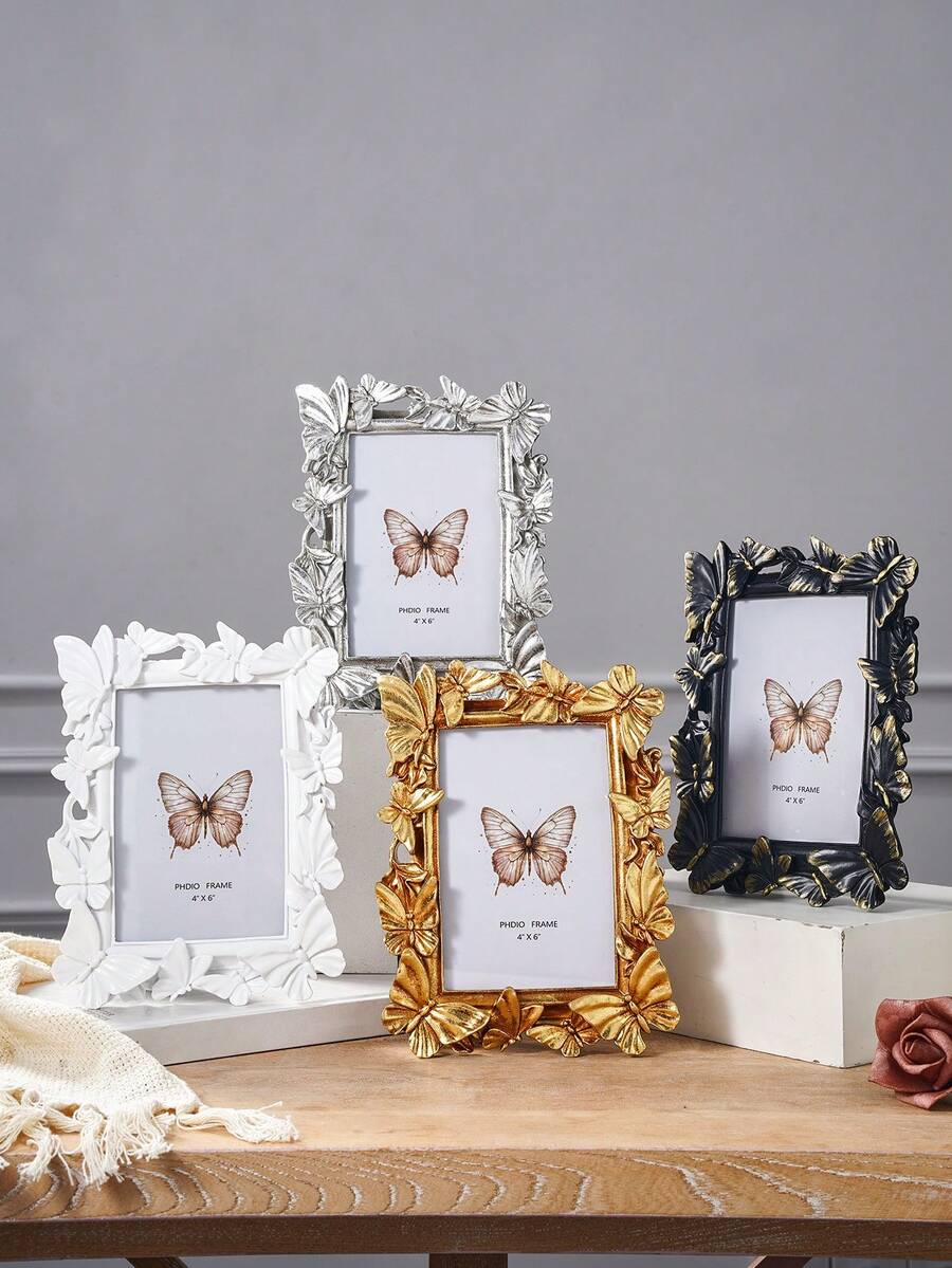 1PC European Style 3D Butterfly Photo Frame, French Luxury Embossed Resin Picture Frame, Rectangular Desktop Photo Display, INS Style Art Decor Frame, Vertical Photo Frame, Baroque Decorative Frame, Romantic Wedding Display Frame, Home Soft Decor Ornament, Cream Style Photo Display Frame, Craft Photo Frame, Suitable For Wedding Room Frame, Desktop Display Of Portraits, Family Photos, Dressing Table, Desk, Entryway Console Table Display Photo Frame, Birthday, Housewarming Gift Photo Frame, Photography Frame