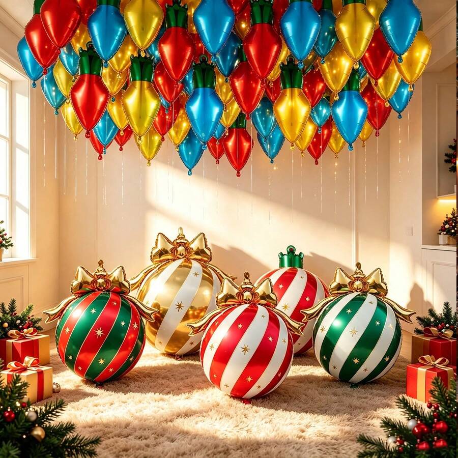 12pcs Christmas Bow Hanging Ball Light Bulb Shaped Balloon Set, Christmas Party Decoration - Multicolor - View 1