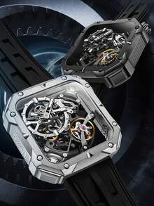 Men's Automatic Mechanical Skeleton Watch, Black Or Silver Stainless Steel Case, Luminous Dial, Waterproof, Rubber Strap, 4001 - 4001 - View 6
