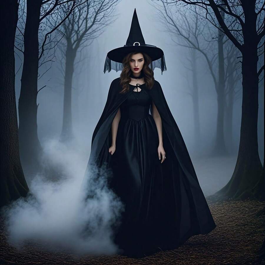 Adult Witch Black Long Plush Cosplay Cloak And Hat Halloween Costume Set, Vintage Medieval Witch Robe With Hooded Collar, Machine Washable Long Formal Cape, Suitable For Stage Performance, Role Play Party, Theme Event, Halloween Vampire Witch Cosplay, Party Photo Atmosphere, Stage Performance Party Decoration