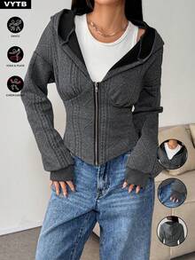 1pc Vintage Loose Fit Zip-Up Sweatshirt Jacket - Dark Grey - View 7