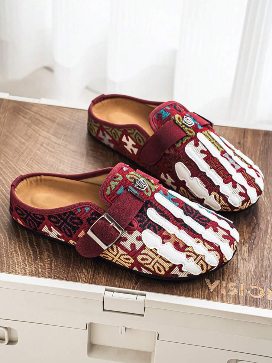 Men's Halloween Skeleton Claw Pattern Closed-Toe Bohemian Mule Sandals, Adjustable Buckle Suede Backless Slip-On Casual Flat Slippers - Red - View 1