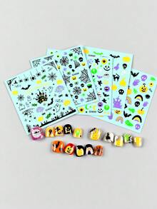 6張螢光霓虹美甲貼紙，亮面自黏式美甲藝術貼，適合兒童與女孩，萬聖節南瓜、蜘蛛網與幽靈圖案，DIY美甲裝飾首選 - 彩色 - 查看 5
