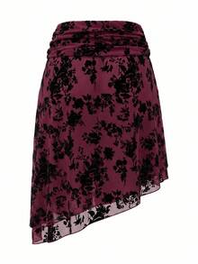 Rok Musim Panas Elegan dengan Detail Jala Berbulu Motif Bunga dan Hem Asimetris - Merah - View 7