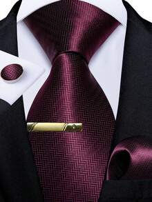 Wine Red Necktie Pocket Square Cufflinks Tie Clip 4pcs Set For Milestone Birthday Party & Fall Cocktail Social Gathering - Burgundy - View 1