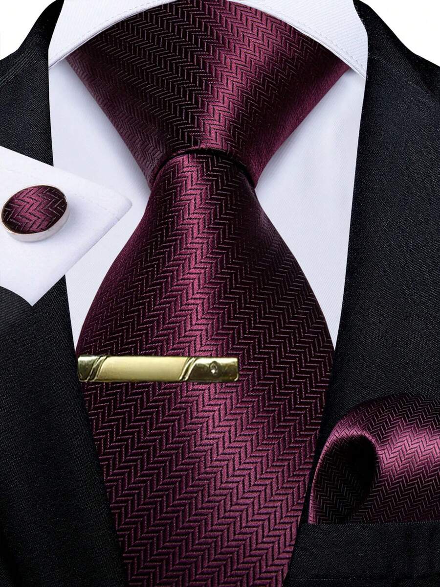 Wine Red Necktie Pocket Square Cufflinks Tie Clip 4pcs Set For Milestone Birthday Party & Fall Cocktail Social Gathering - Burgundy - View 1