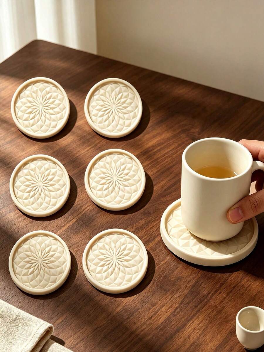 1/2/5pcs Neutral Minimalist Style Drink Coasters, Embossed Texture Round Coasters, Suitable For Coffee Cups, Living Room Kitchen Bar Counter Home Desktop Decoration, Practical Housewarming Gift, Home Decor Gift For Family And Friends - Multicolor - View 1