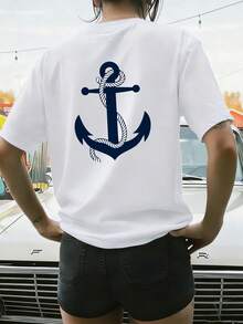 Casual Unisex Printed T-Shirt, Short Sleeve Crew Neck, Blue With White Rope Anchor   Pattern, Spring Summer Autumn Wear, Local Shipping - 白色 - 查看 3